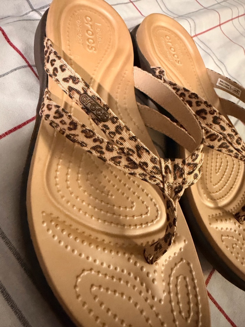 CROCS Women’s Tan Wedge Sandals with Leopard-Print Straps - Picture 2 of 4